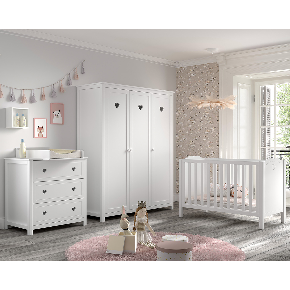 Chambre complète lit bébé 60x120 commode à langer et armoire 3 portes Vipack Amori - Blanc