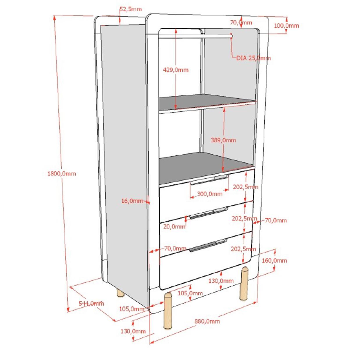 Vipack_Smile_armoire_3tiroirs_dimensions