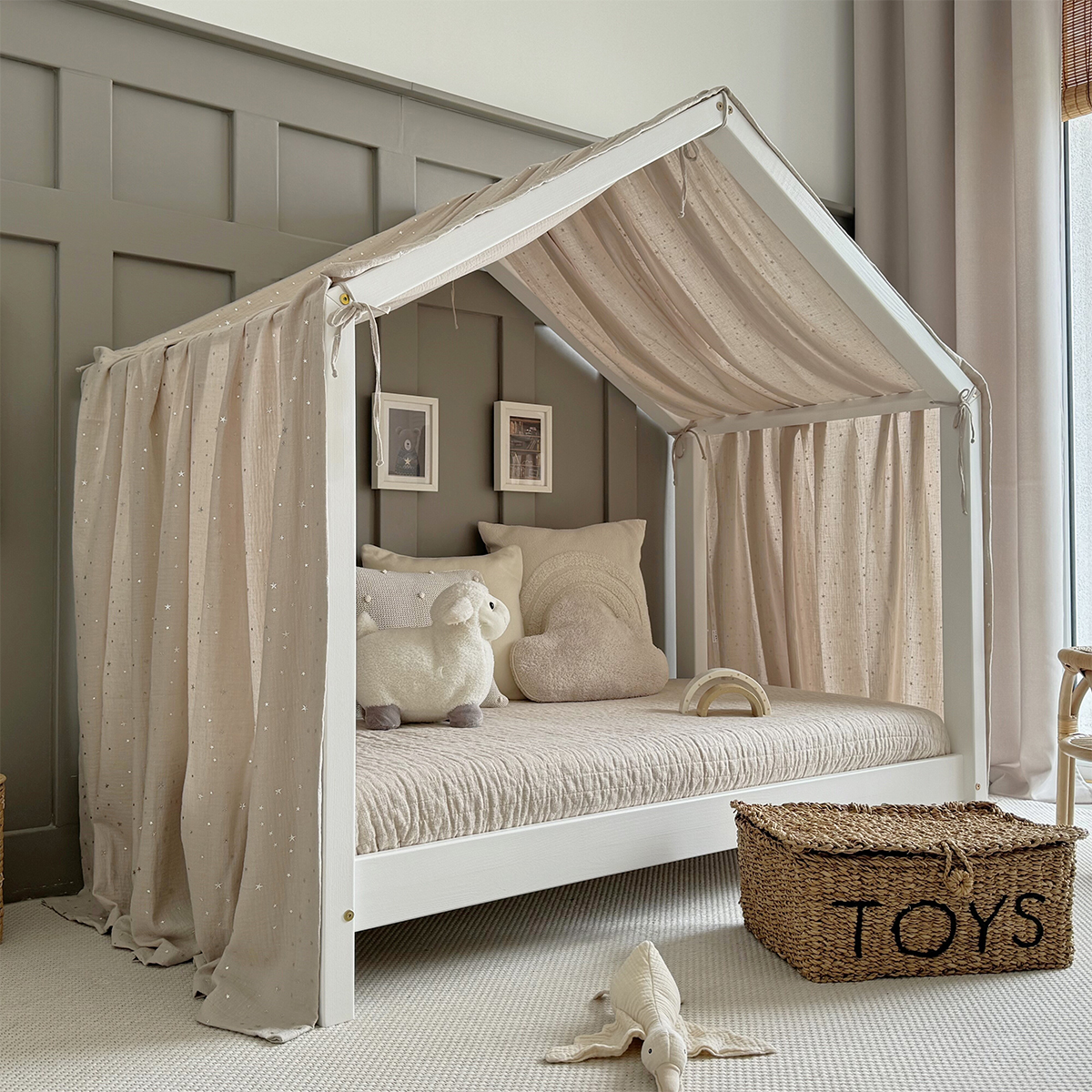 Ciel de lit en mousseline pour 70x140 - Beige et argent