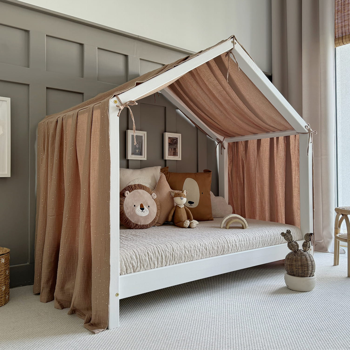 Ciel de lit en mousseline pour 70x140 - Marron et or