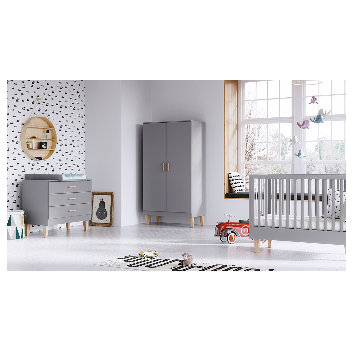 Chambre complète lit bébé 60x120 - commode à langer - armoire 2 portes Vox Lounge - Gris