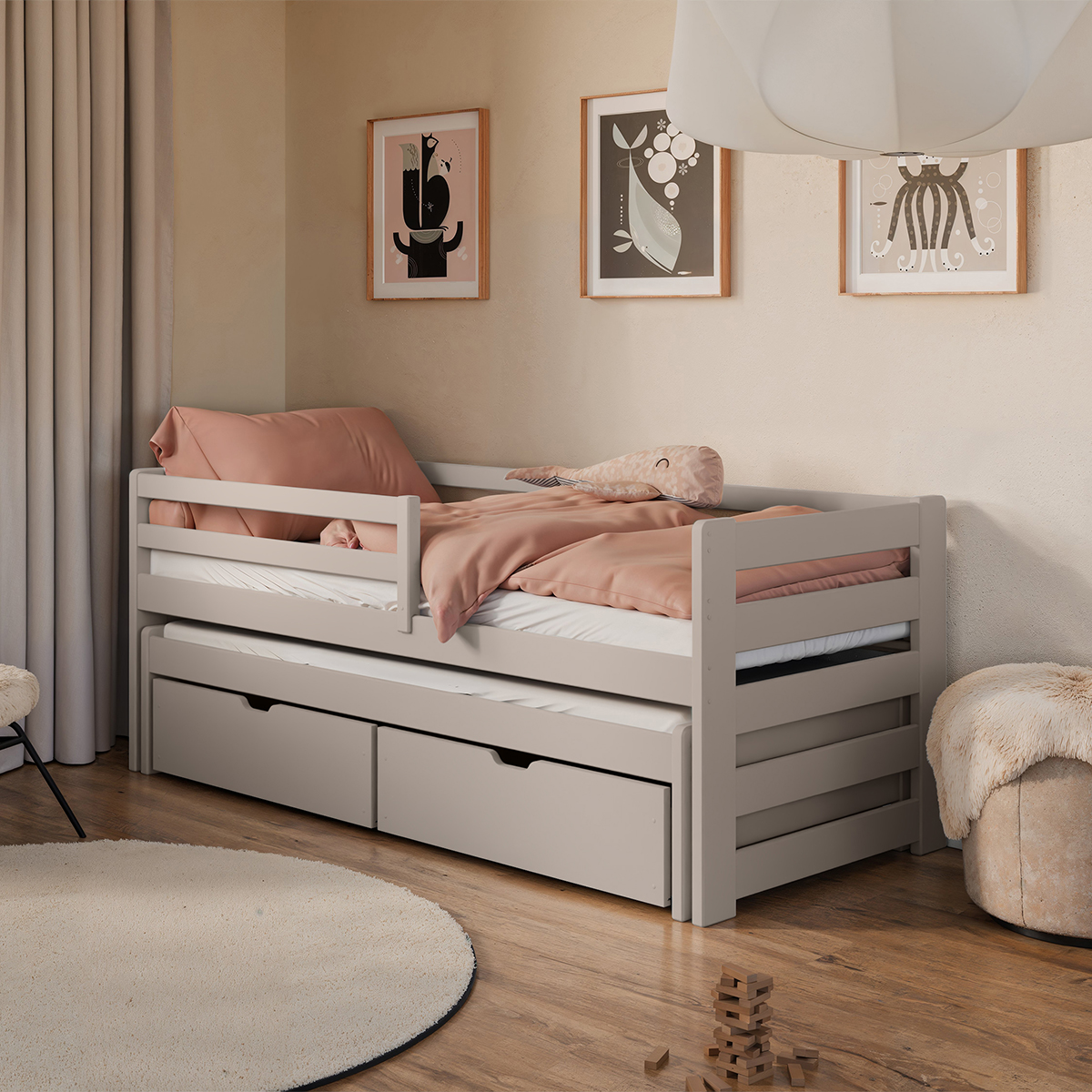 Lit 90x200 sommier lit gigogne et tiroirs inclus Jordan - Cachemire