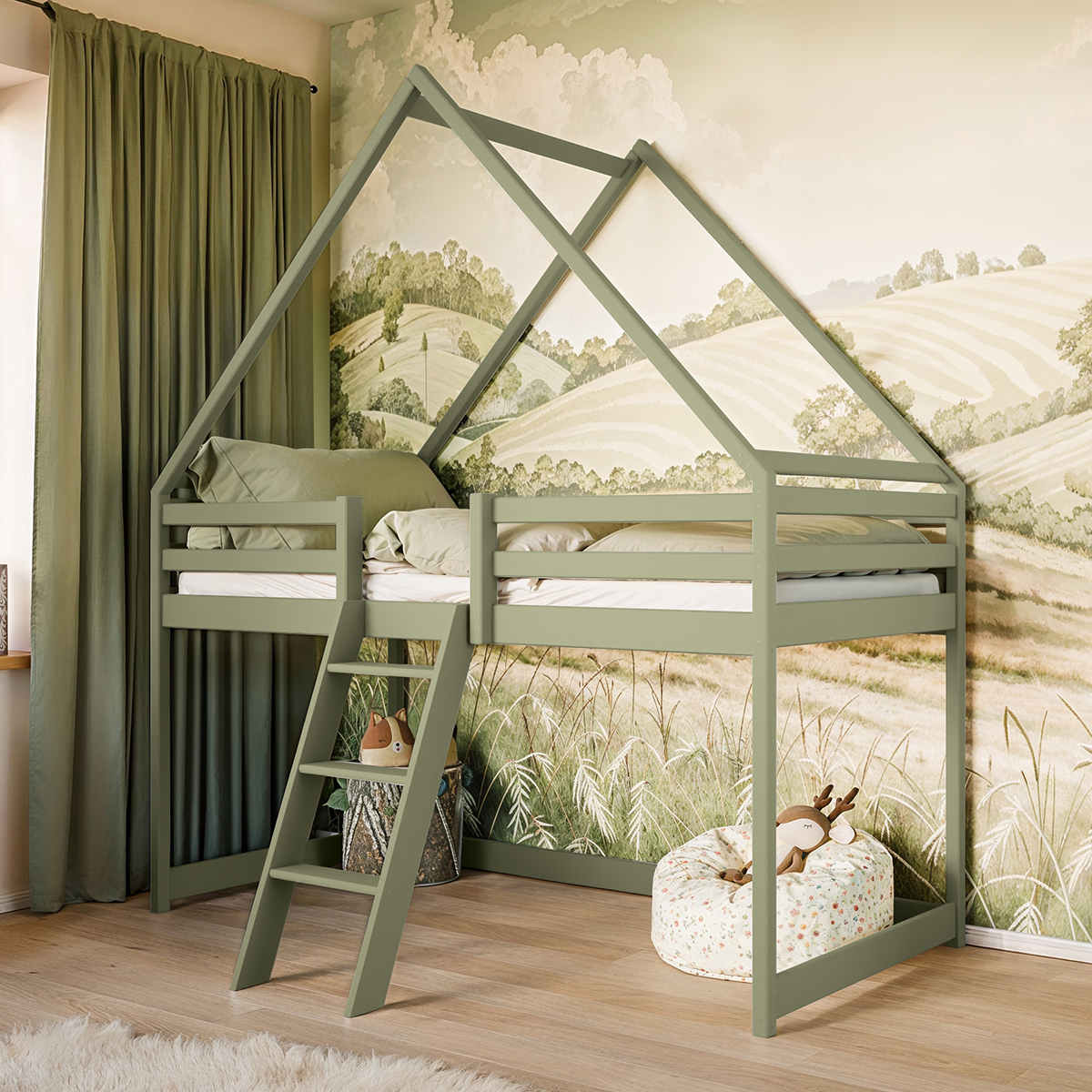 Lit cabane mi-hauteur 90x200 sommier inclus Coraline - Olive