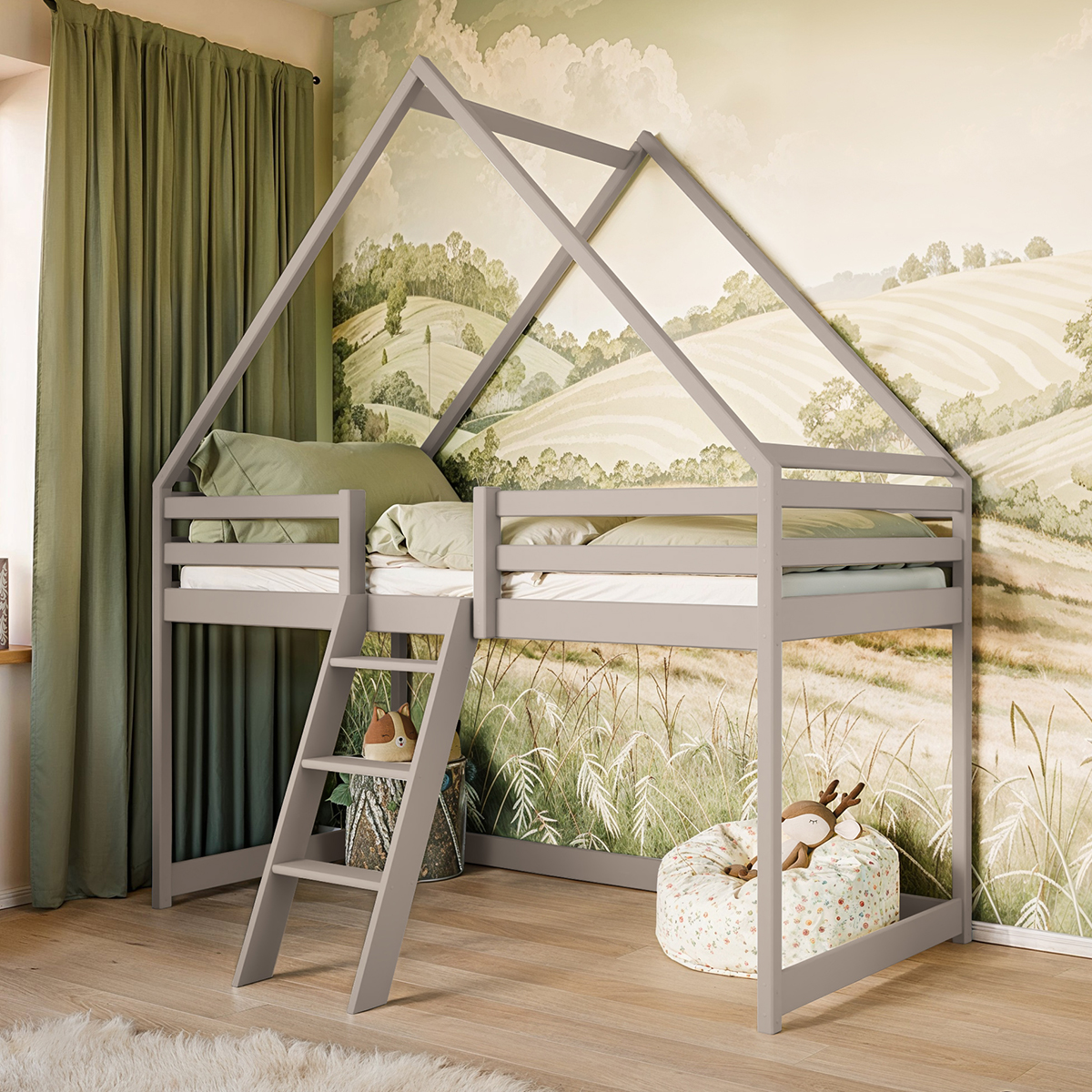 Lit cabane mi-hauteur 90x200 sommier inclus Coraline - Cachemire