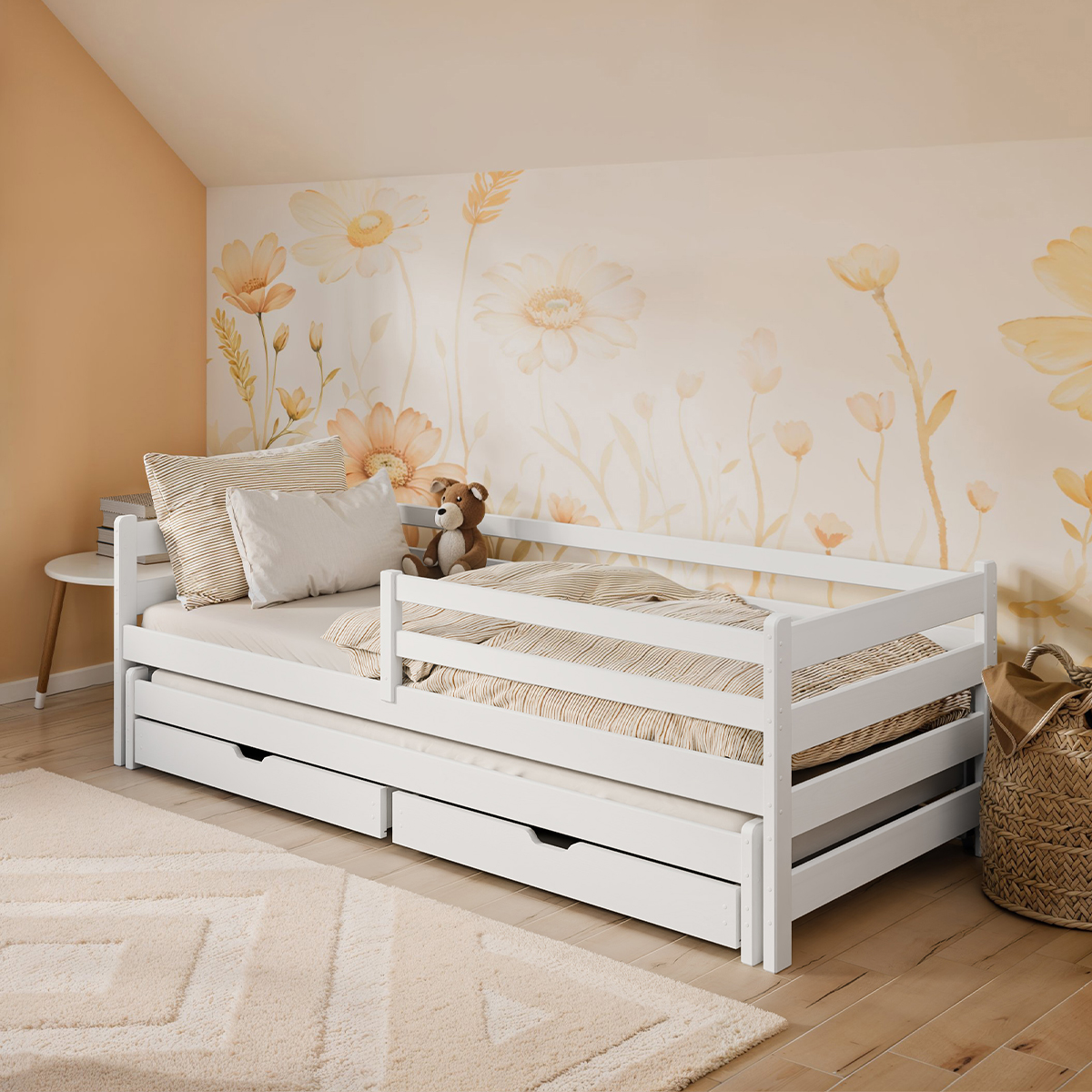 Lit 90x200 sommier lit gigogne et tiroirs inclus Abi - Blanc