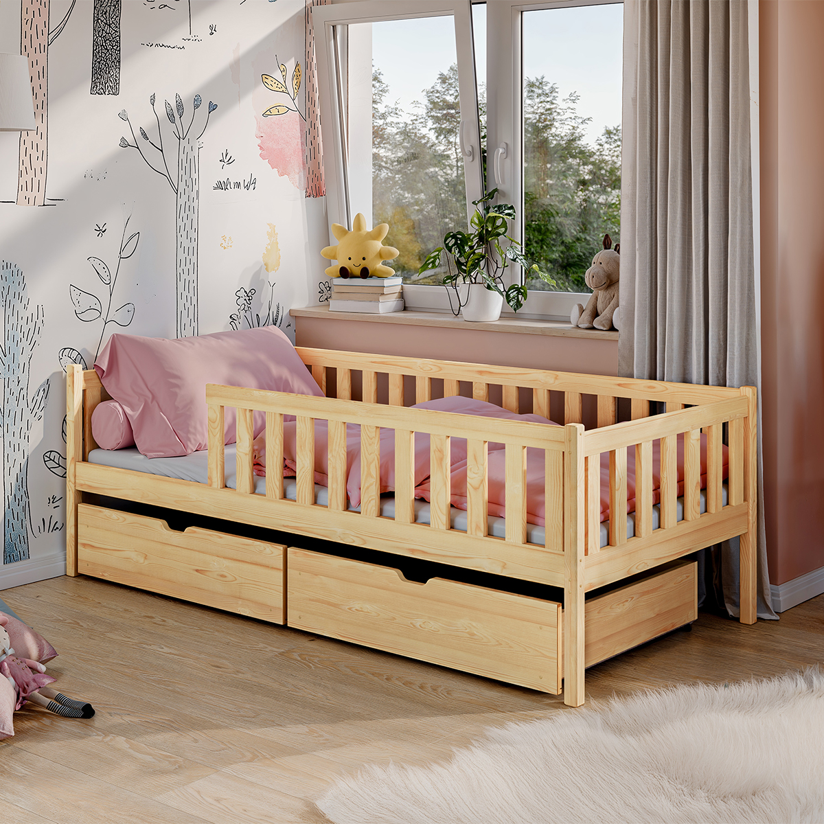 Lit 90x190 sommier et tiroirs inclus Antoine - Bois
