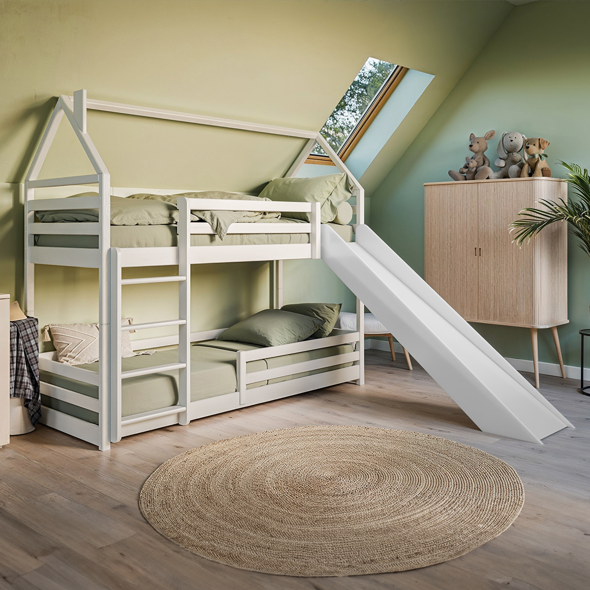 Lit cabane superposé 90x190 au sol toboggan et sommier inclus Aurélien - Blanc