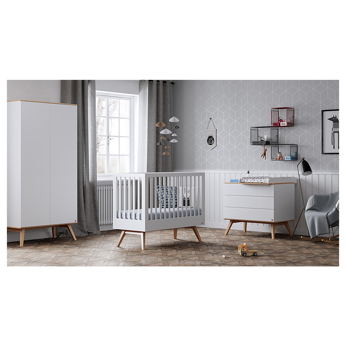 Chambre complète lit bébé 60x120 - commode à langer - armoire 2 portes Vox Nature - Blanc