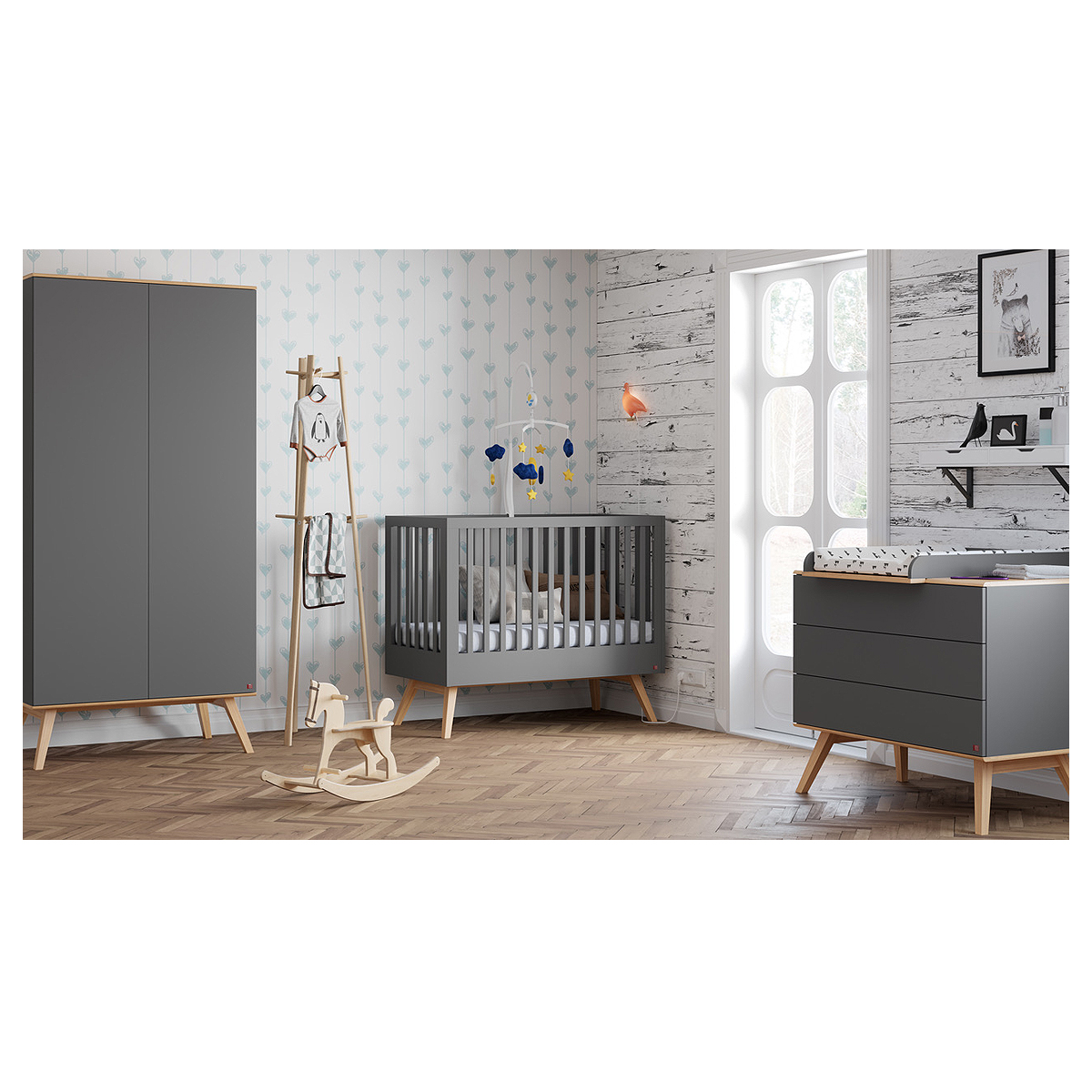 Chambre complète lit bébé 60x120 - commode à langer - armoire 2 portes Vox Nature - Gris