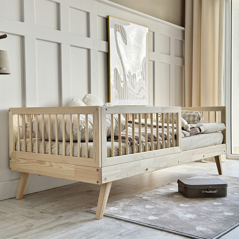 Lit 90x190 barrière haute et sommier inclus pieds 20 cm Maylis - Bois