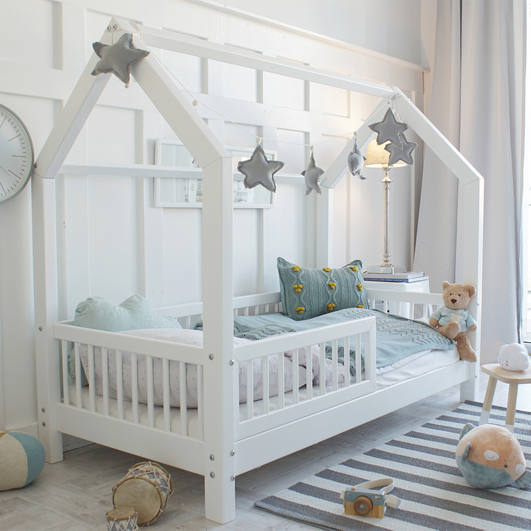 Lit cabane 80x160 barrière et sommier inclus pieds 10 cm Sofia - Blanc