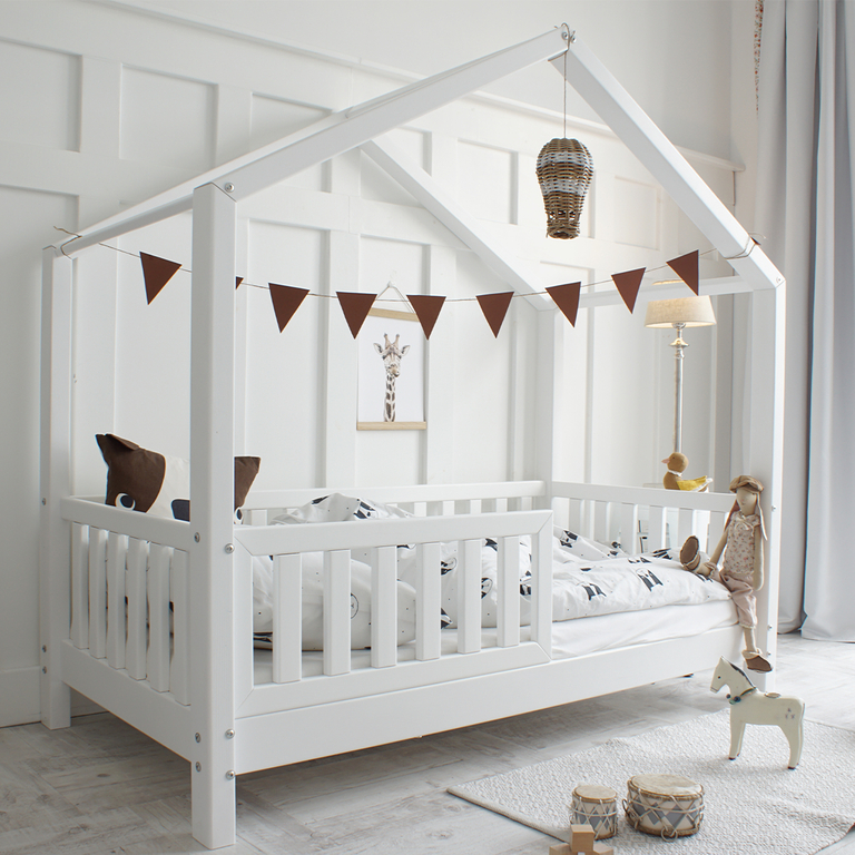 Lit cabane 80x160 barrière et sommier inclus pieds 10 cm Roxane - Blanc