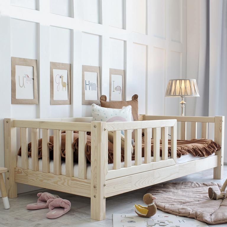 Lit 80x160 barrière et sommier inclus pieds 10 cm Agnès - Bois