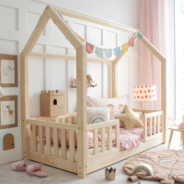 Lit cabane 80x160 barrières et sommier inclus pieds 1 cm Daisy - Bois