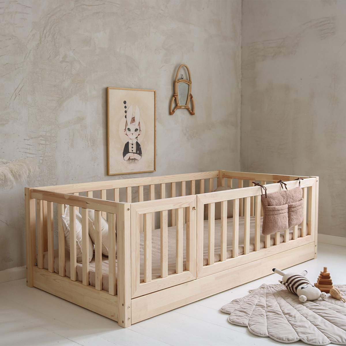 Lit au sol 120x200 entrée gauche barrière et sommier inclus Bambino - Bois