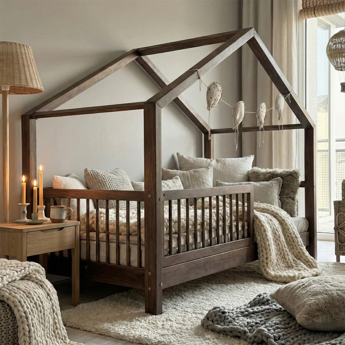 Lit cabane 90x200 barrière et sommier inclus pieds 10 cm Rosalie - Bois foncé