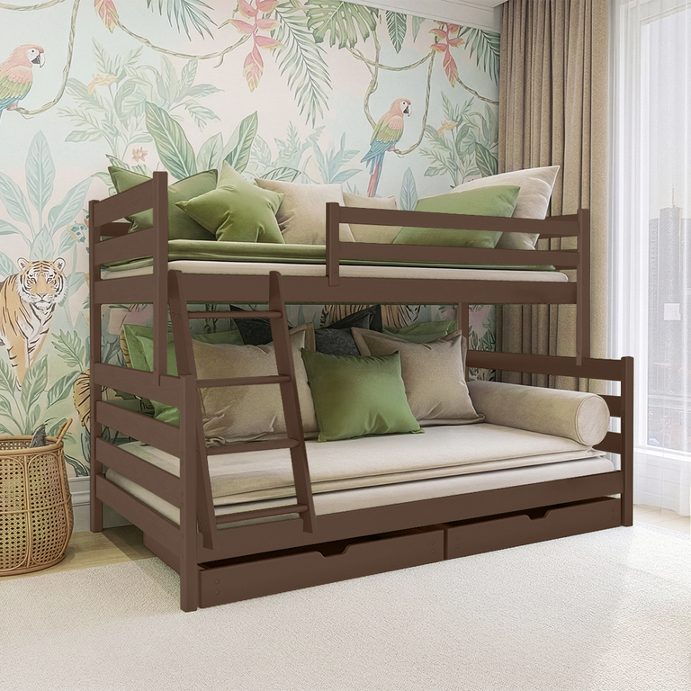 Lit superposé 90-120x200 sommiers et tiroirs inclus Léo - Marron foncé