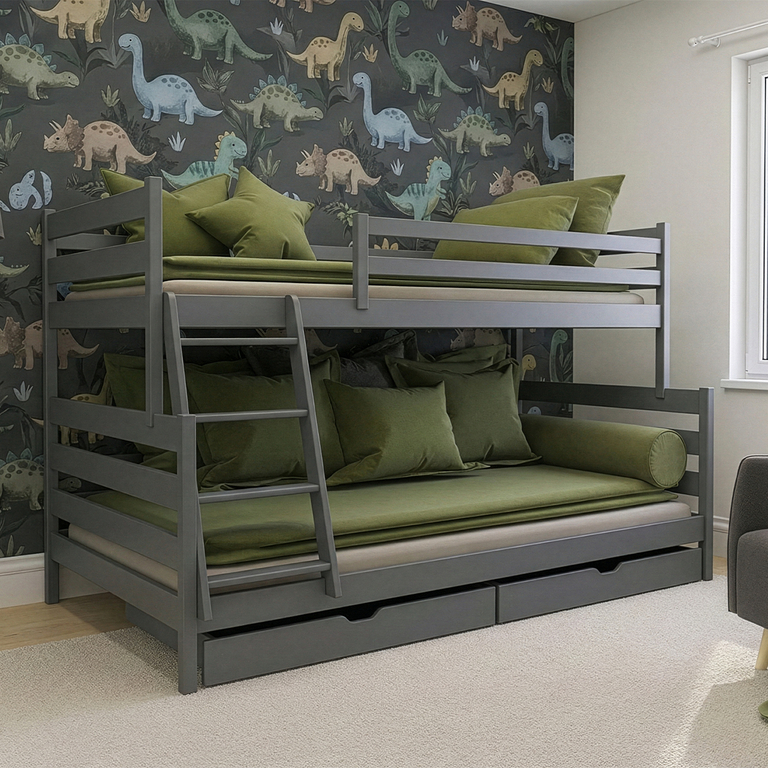Lit superposé 90-120x200 sommiers et tiroirs inclus Léo - Anthracite