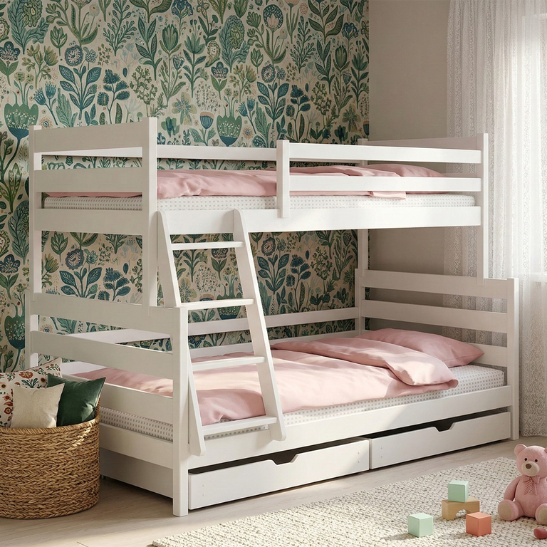 Lit superposé 90-120x200 sommiers et tiroirs inclus Léo - Blanc