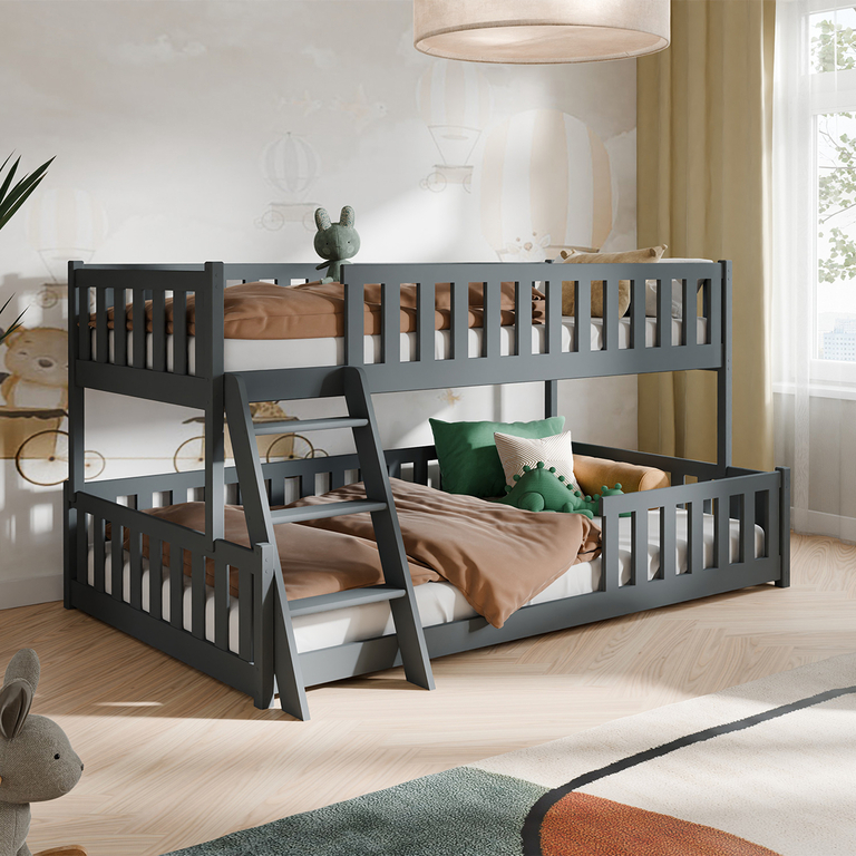 Lit superposé 90-120x200 au sol sommiers inclus Léane - Anthracite