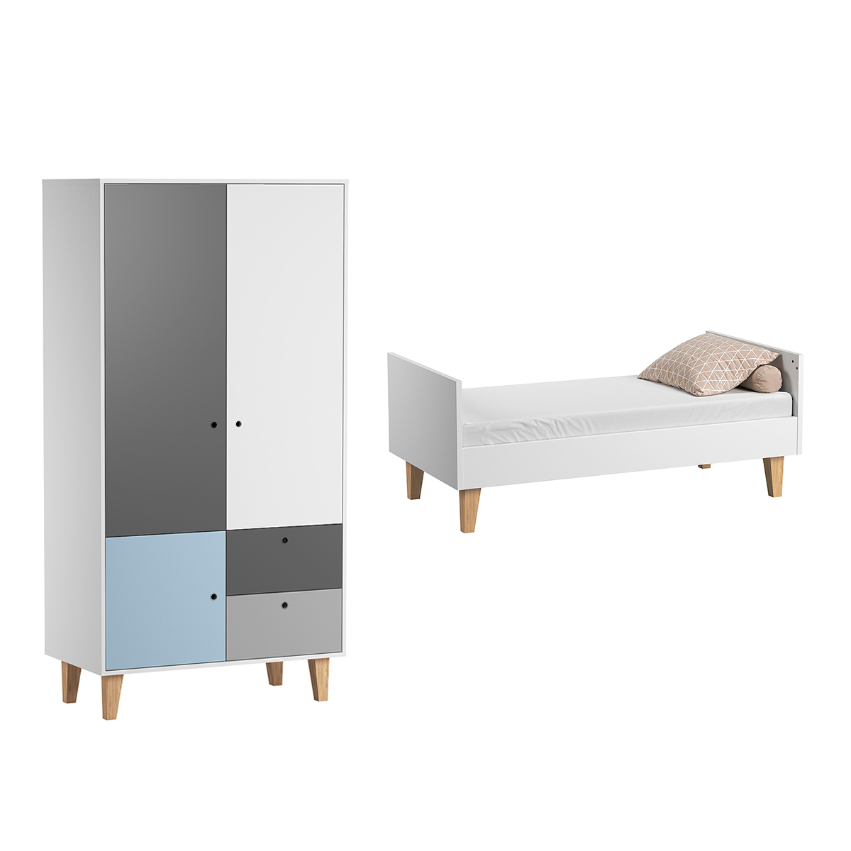 Lit évolutif 70x140 et Armoire 2 portes Vox Concept - Bleu