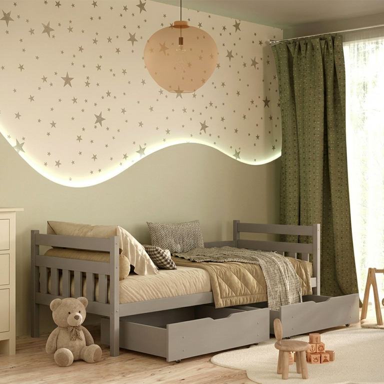 Lit 90x200 sommier et tiroirs inclus David - Gris