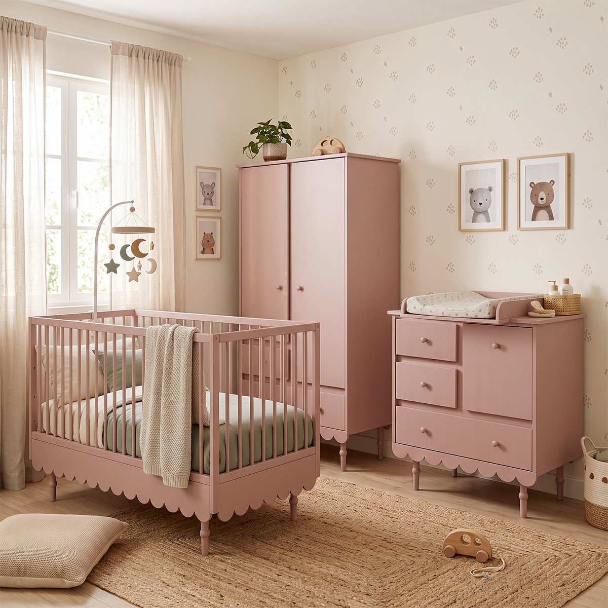 Chambre complète lit évolutif 70x140 commode à langer et armoire 2 portes Wood Luck Babushka - Rose