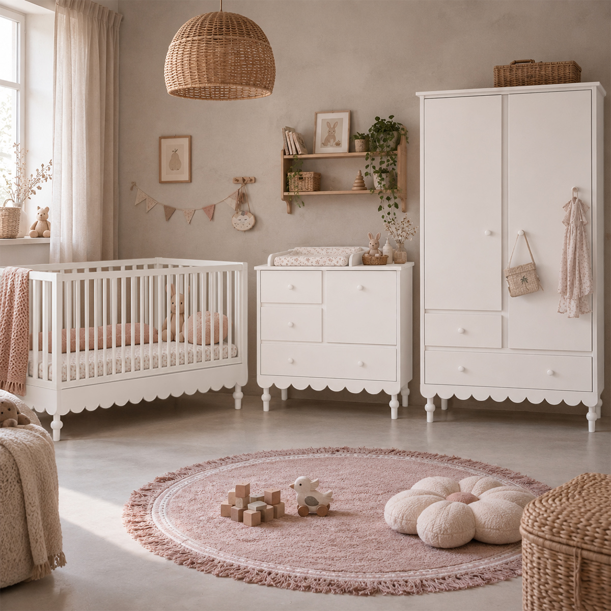 Chambre complète lit évolutif 70x140 commode à langer et armoire 2 portes Wood Luck Babushka - Blanc