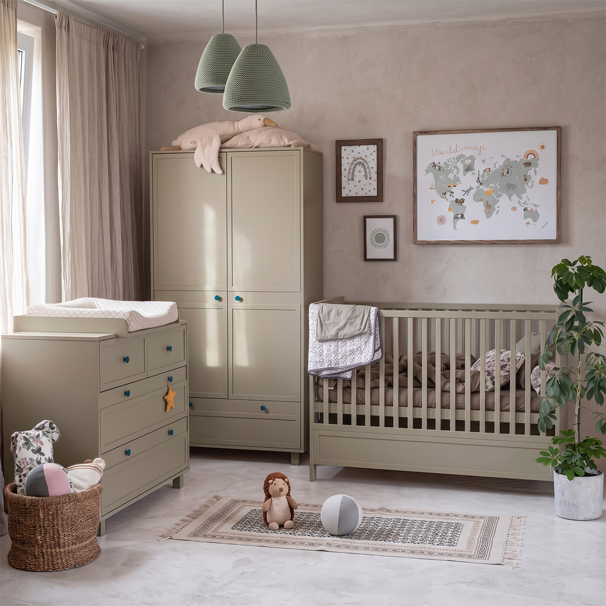 Chambre complète lit évolutif 70x140 commode à langer et armoire 2 portes Wood Luck Gabriel - Vert Eucalyptus