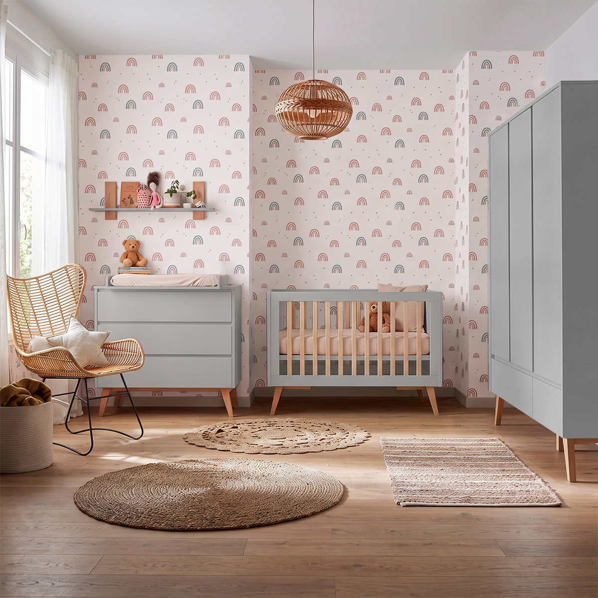 Chambre complète lit évolutif 60x120 commode à langer et armoire 3 portes Pinio Swing - Gris et bois