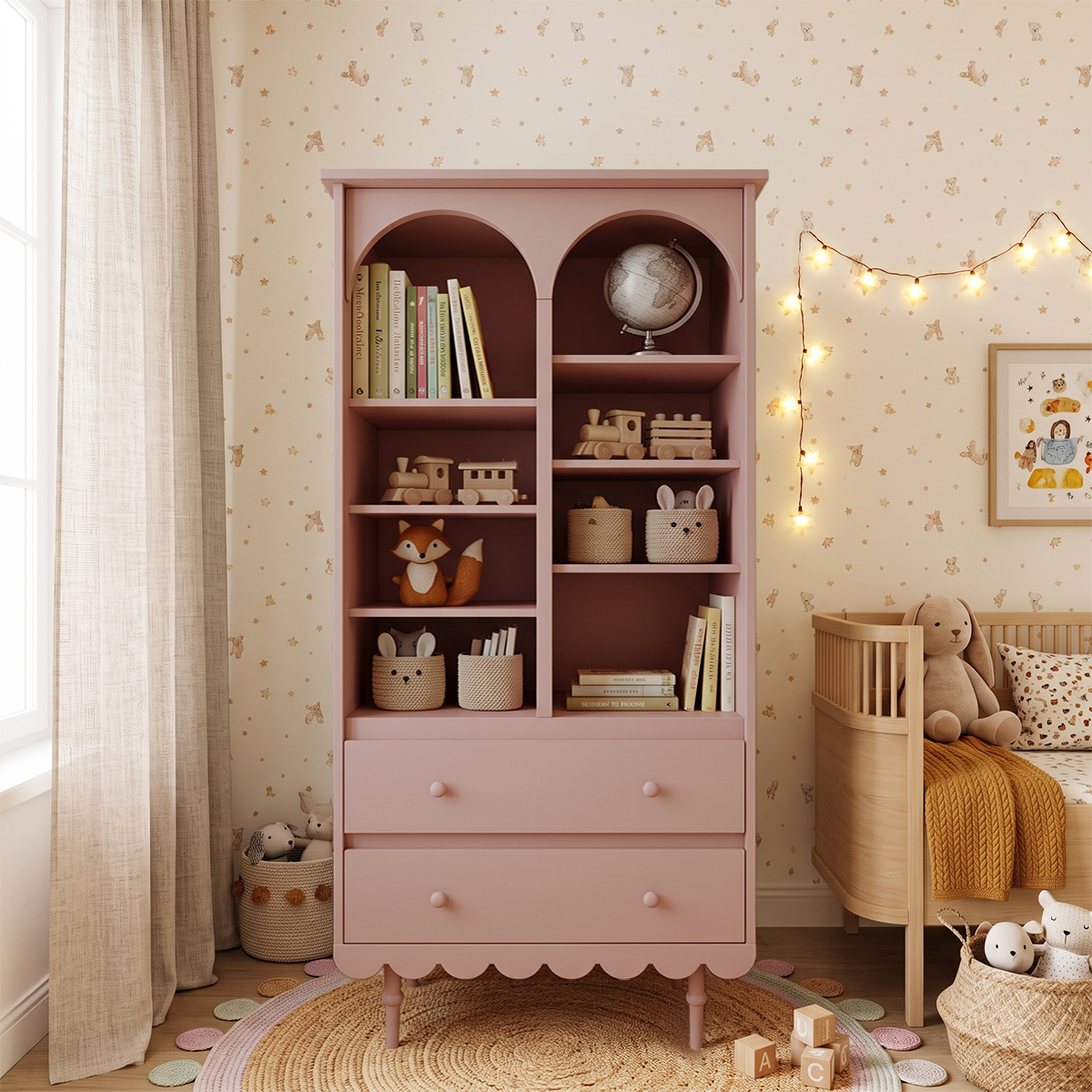 Woodluck_Babushka_rose_bibliotheque_2tiroirs_1