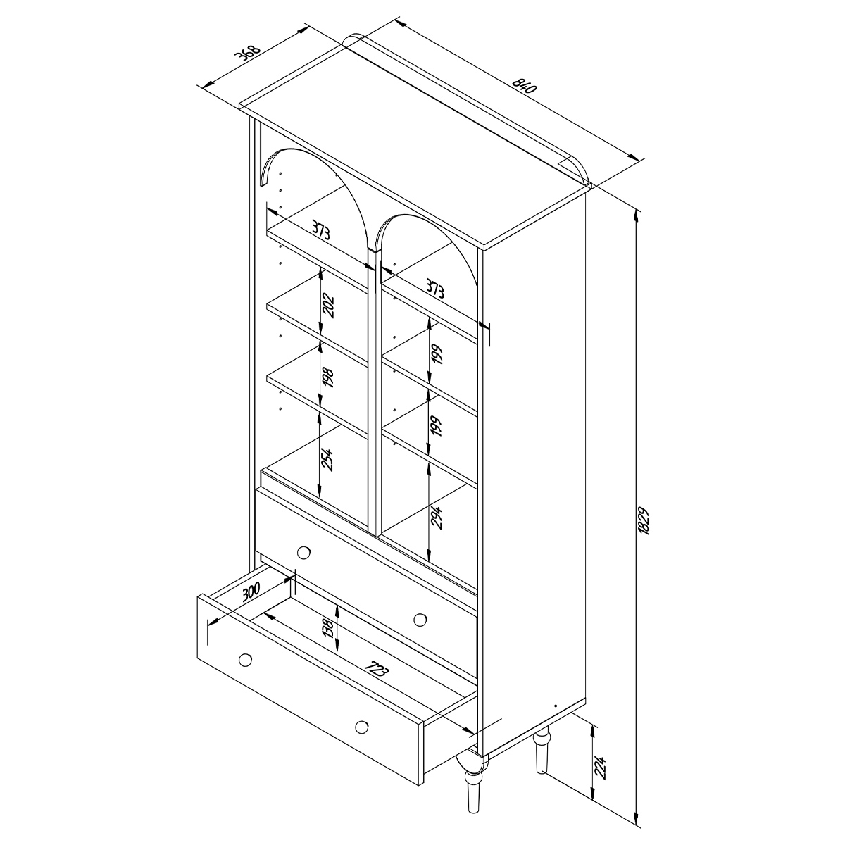 Woodluck_Babushka_bibliotheque_2tiroirs_dimensions