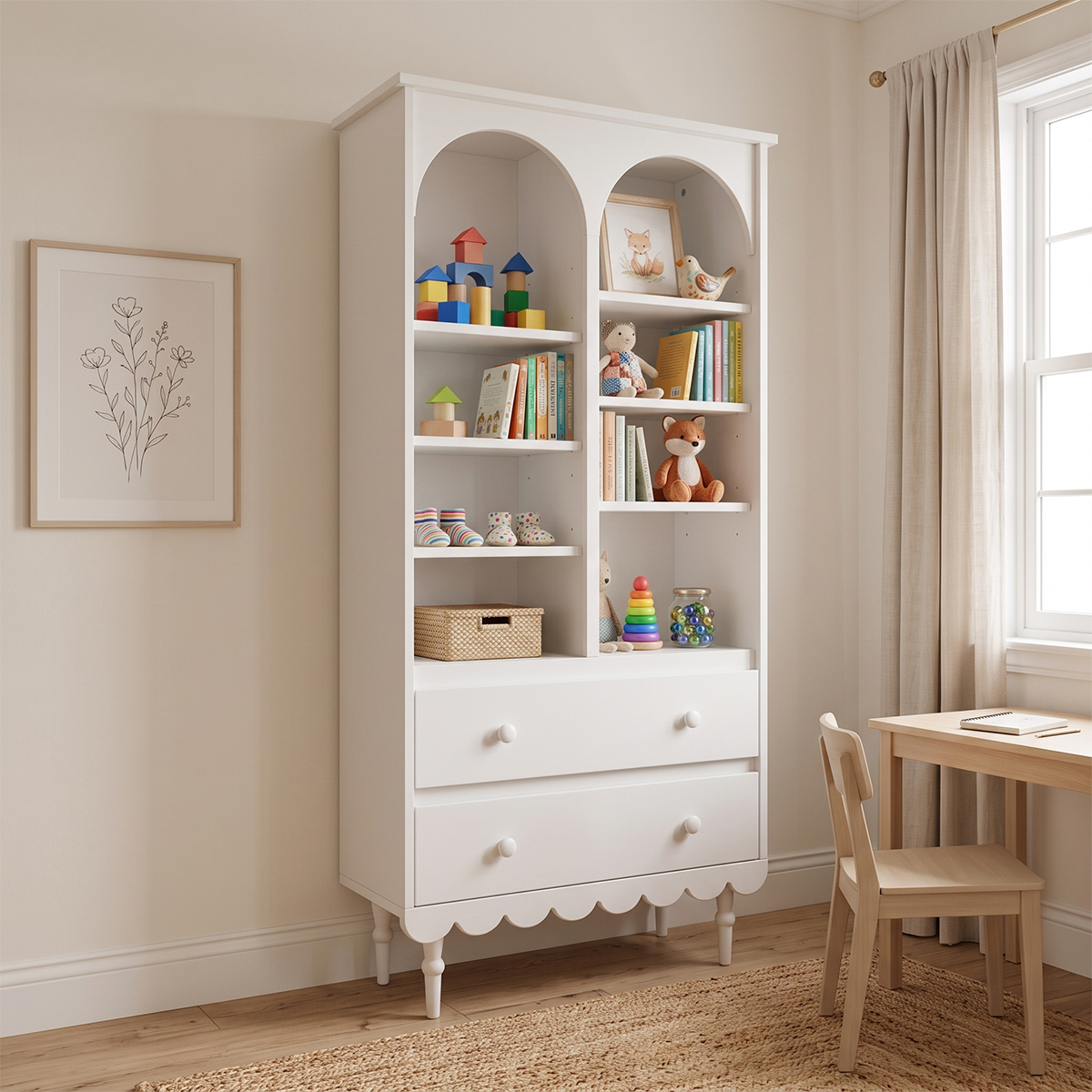 Woodluck_Babushka_blanc_bibliotheque_2tiroirs_2