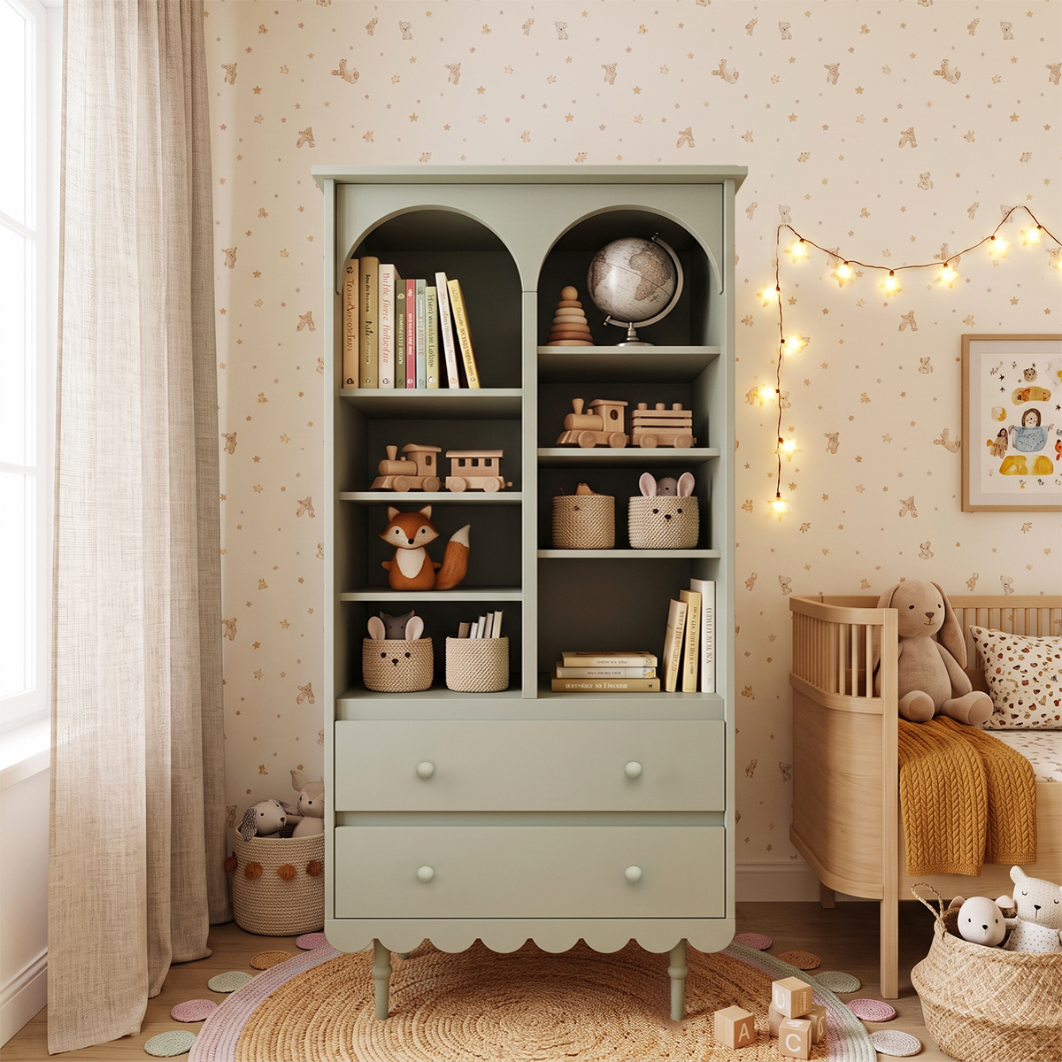 Woodluck_Babushka_olive_bibliotheque_2tiroirs_2