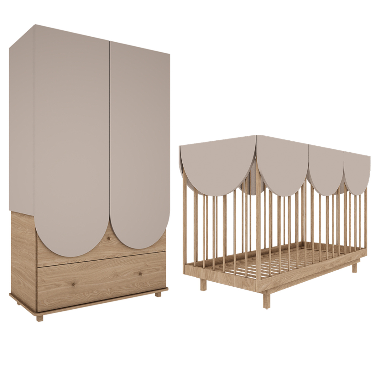 Lit évolutif 70x140 et armoire 2 portes 2 tiroirs Wood Luck Bloom - Cachemire et Bois