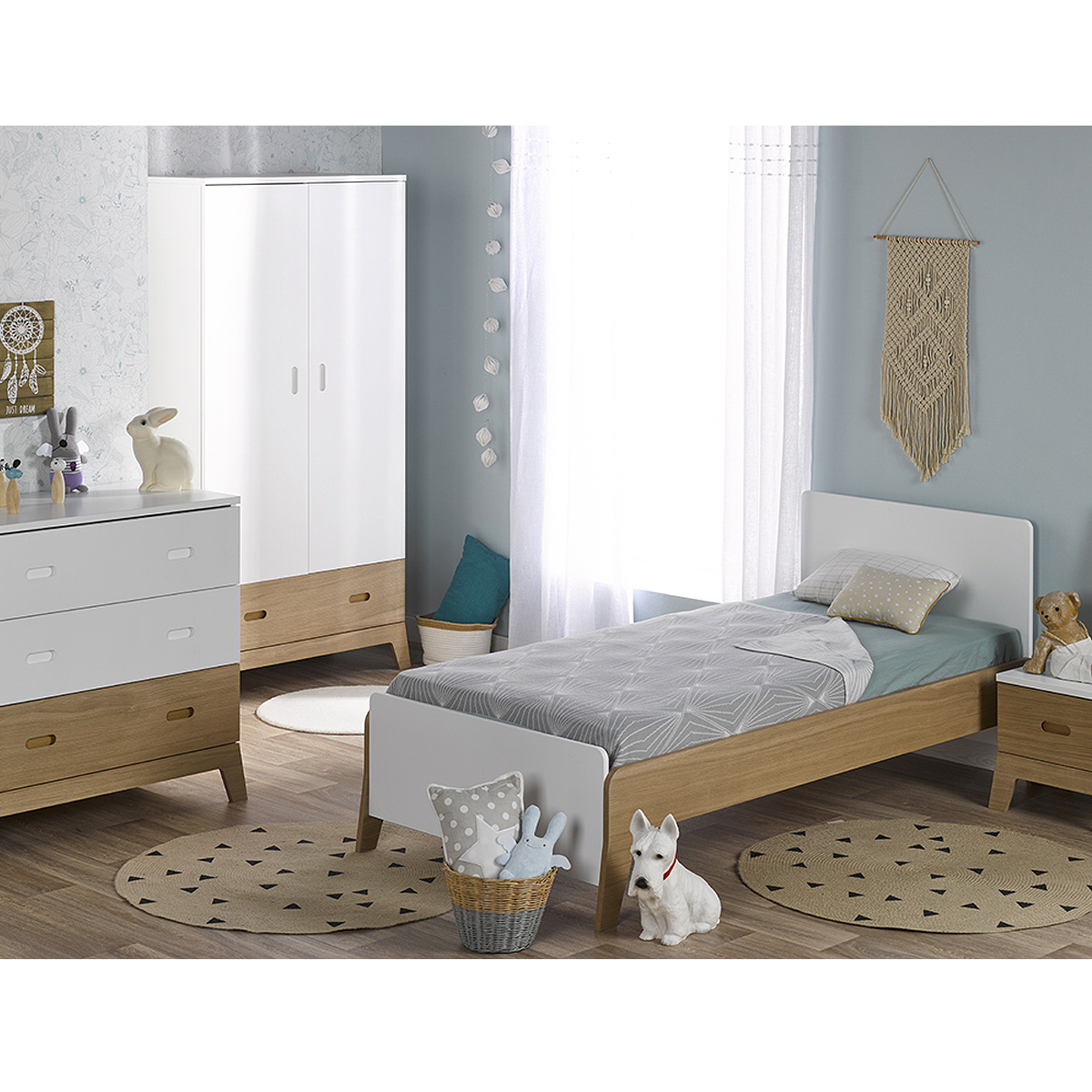 Chambre complète lit 90x190 - commode - armoire 2 portes Junior Provence Archipel - Blanc Chêne