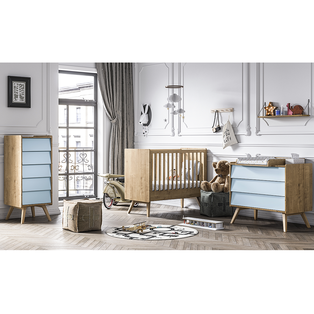 Chambre complète lit bébé 60x120 - commode à langer - chiffonnier Vox Vintage - Bois Bleu