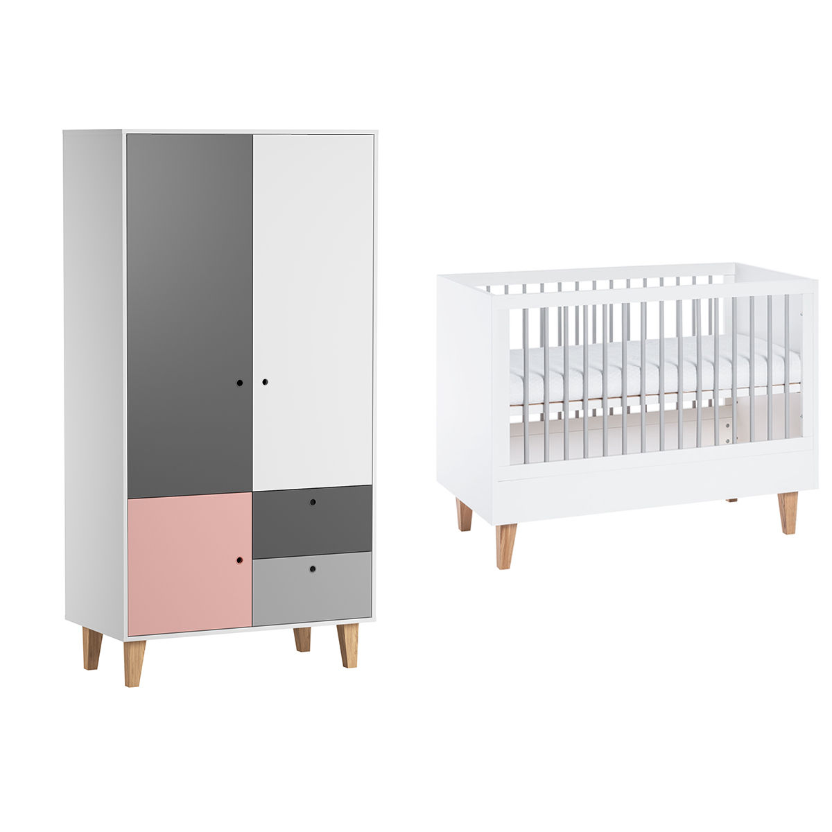 Lit bébé 60x120 et Armoire 2 portes Vox Concept - Rose