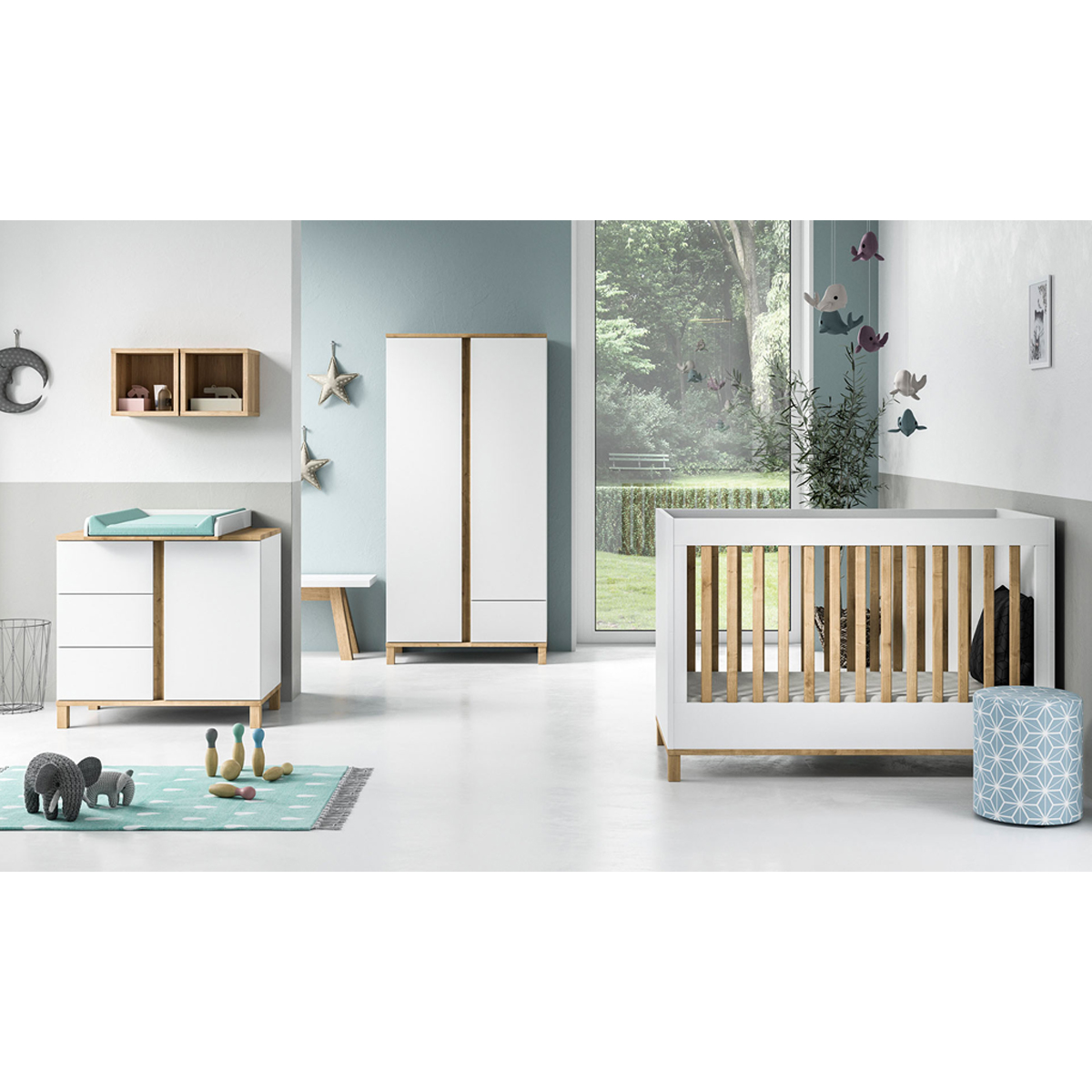 Chambre complète lit bébé 60x120 - commode à langer - armoire 2 portes Vox Altitude - Blanc