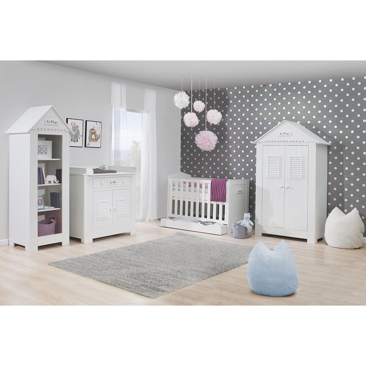 Chambre complète lit bébé 60x120 - commode à langer - armoire 2 portes Pinio Marsylia MDF - Blanc