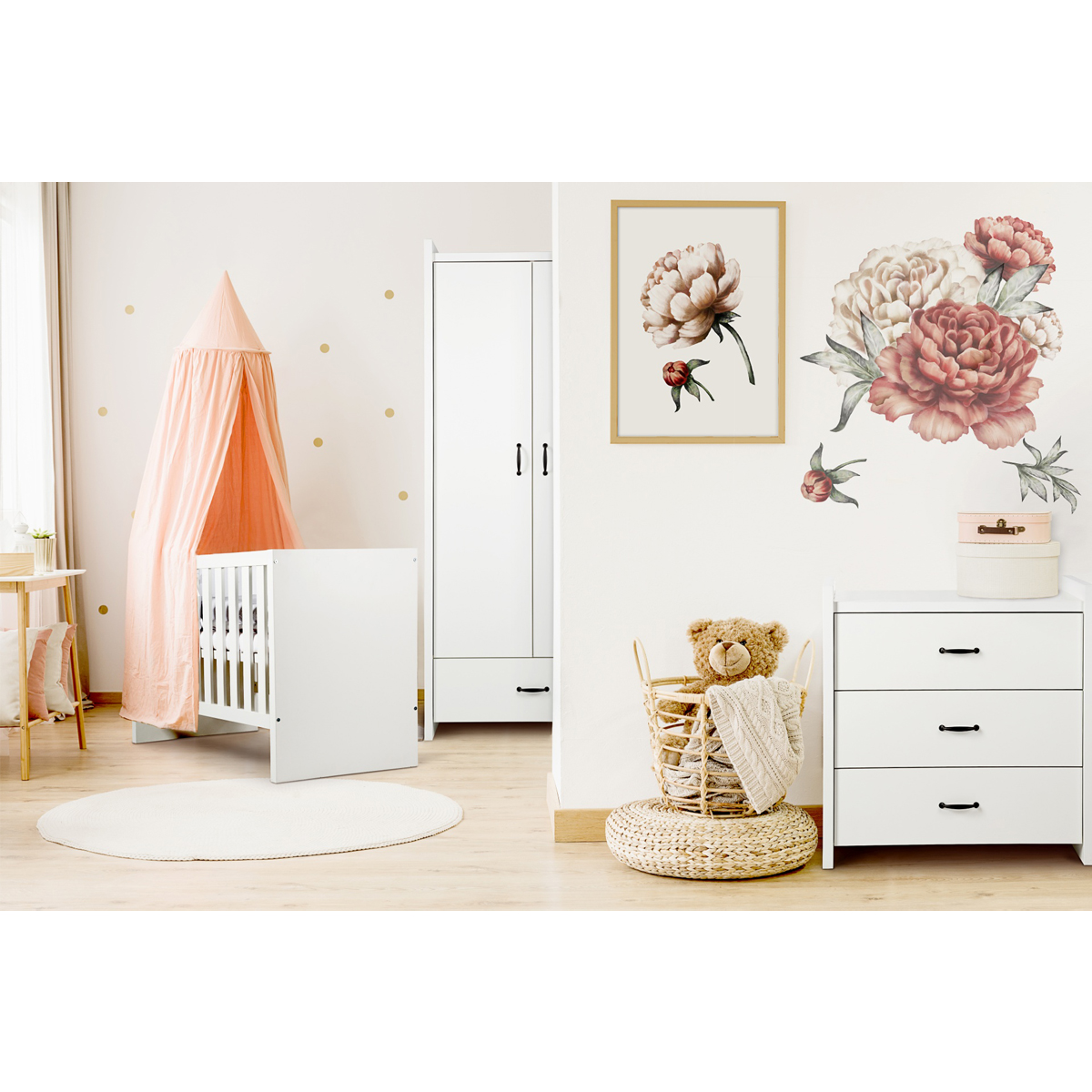 Chambre complète lit bébé 60x120 - commode - armoire 2 portes LittleSky by Klups Amelia White - Blanc