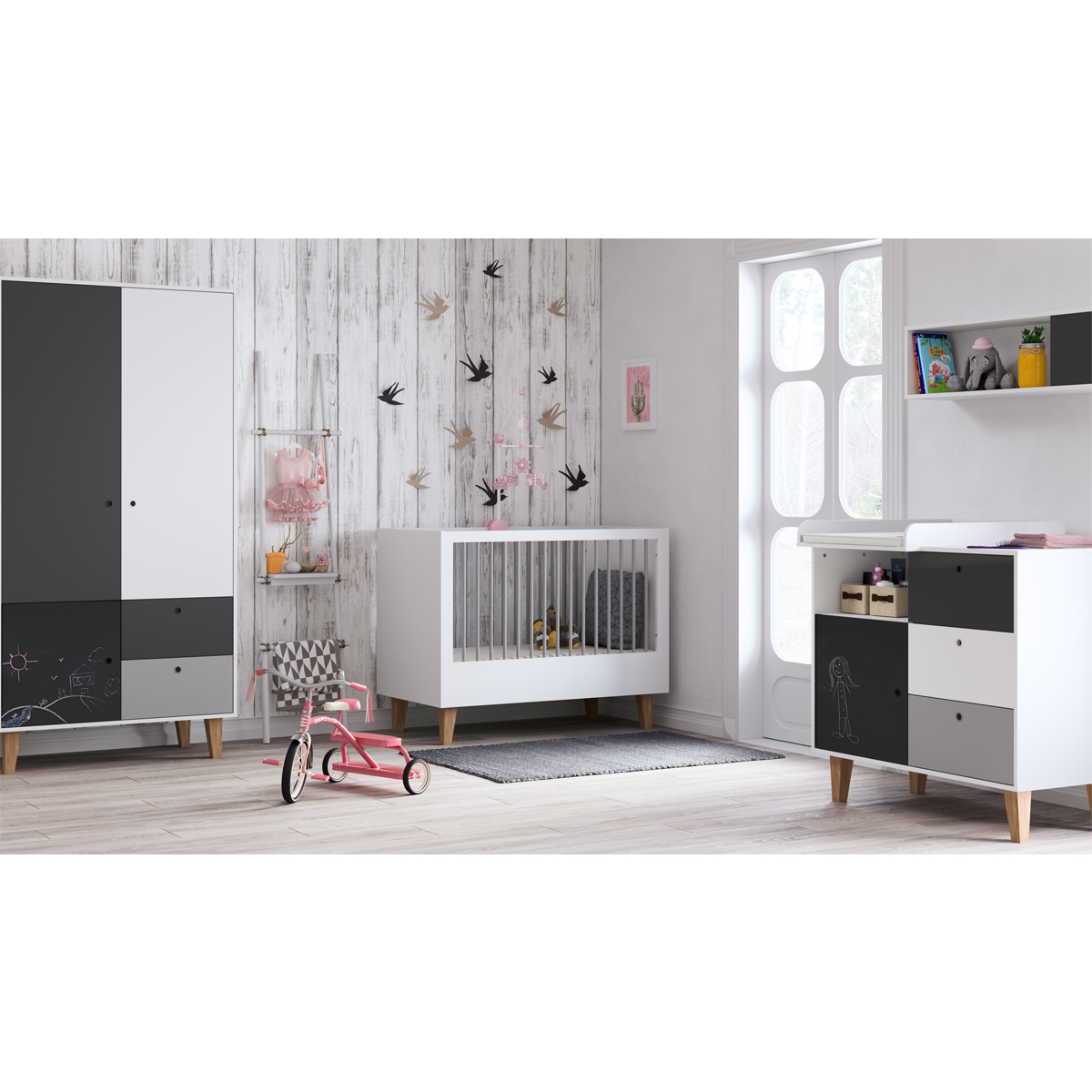 Chambre complète lit bébé 60x120 - commode à langer - armoire 2 portes Vox Concept - Noir