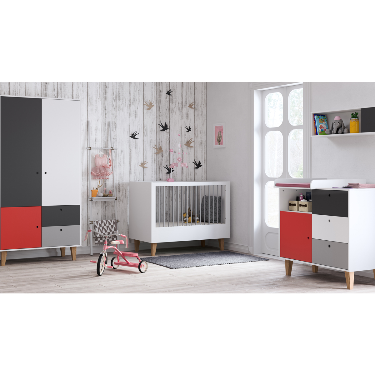 Chambre complète lit évolutif 70x140 - commode à langer - armoire 2 portes Vox Concept - Rouge