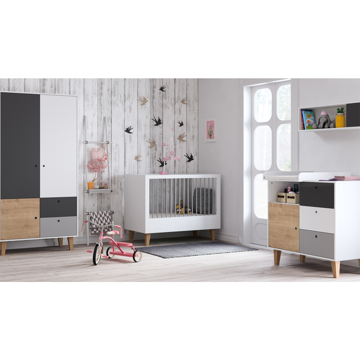 Chambre complète lit bébé 60x120 - commode à langer - armoire 2 portes Vox Concept - Bois