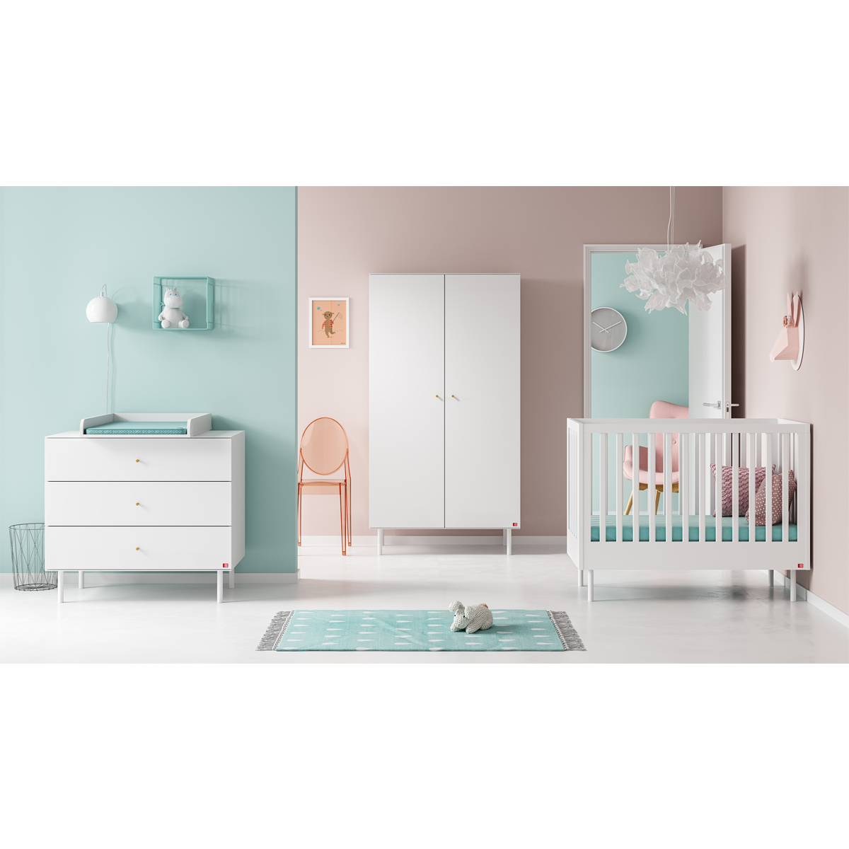 Chambre complète lit bébé 60x120 - commode à langer - armoire 2 portes Vox Cute - Blanc