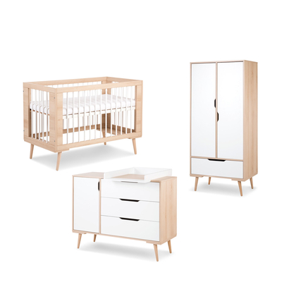 Chambre complète lit bébé 60x120 - commode à langer - armoire 2 portes LittleSky by Klups Sofie - Hêtre et blanc