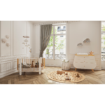 SRLM60B - lit cocon - blanc et barreaux hêtre - SRTR3T001 - commode trapèze - blanc - SRPLTR3T001 - plan à langer - blanc et chêne