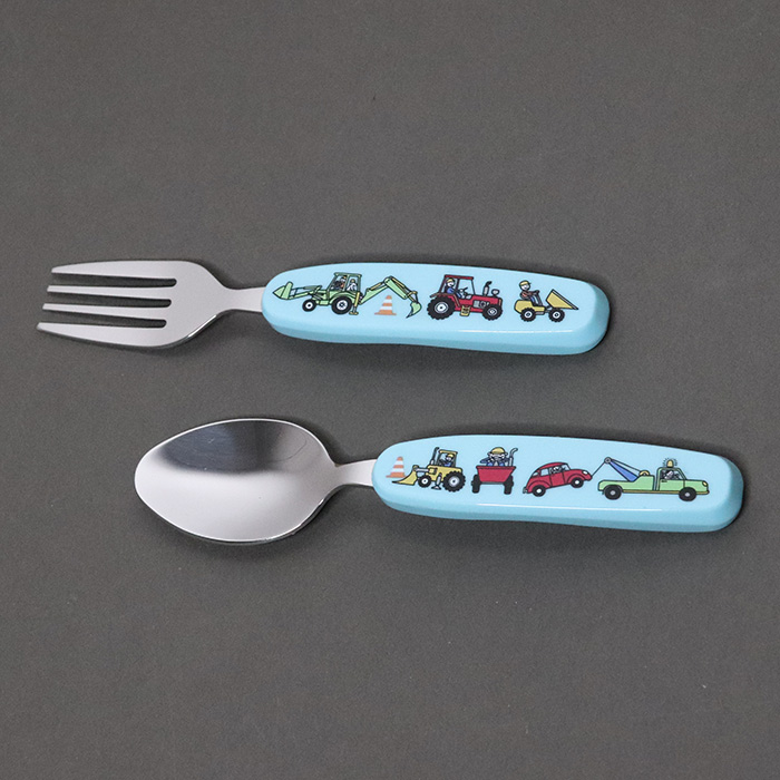 Lot cuillère, fourchette, assiette et verre pour enfants Engins