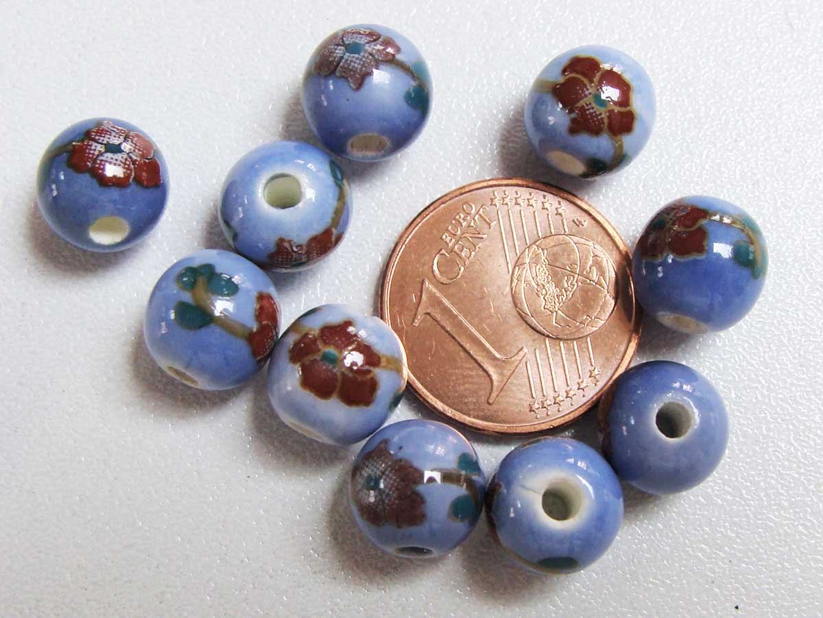 perle ronde bleu fleur porcelaine 8mm