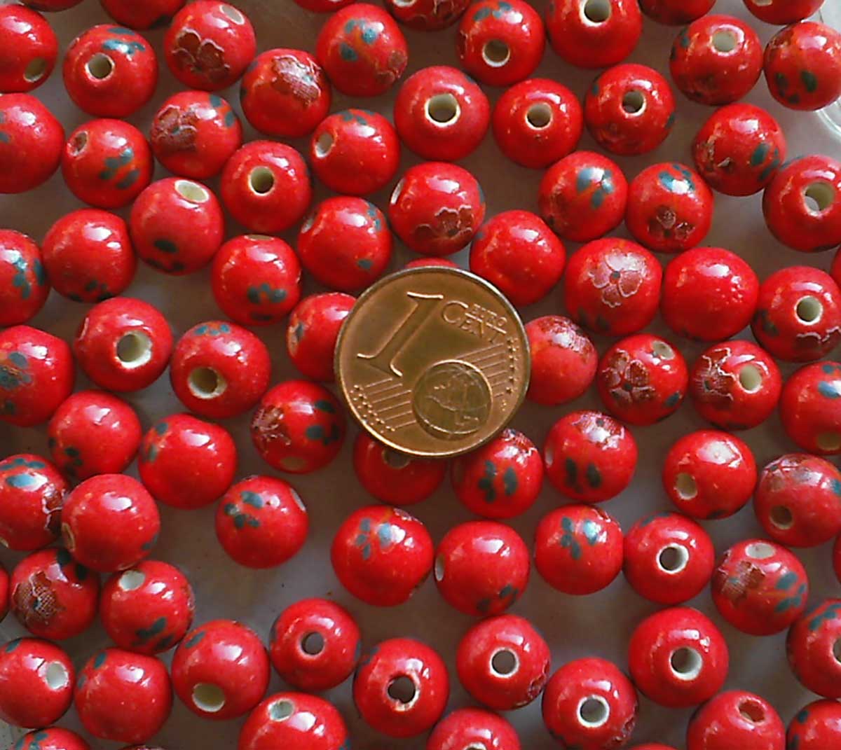 perle ronde rouge fleur porcelaine 8mm